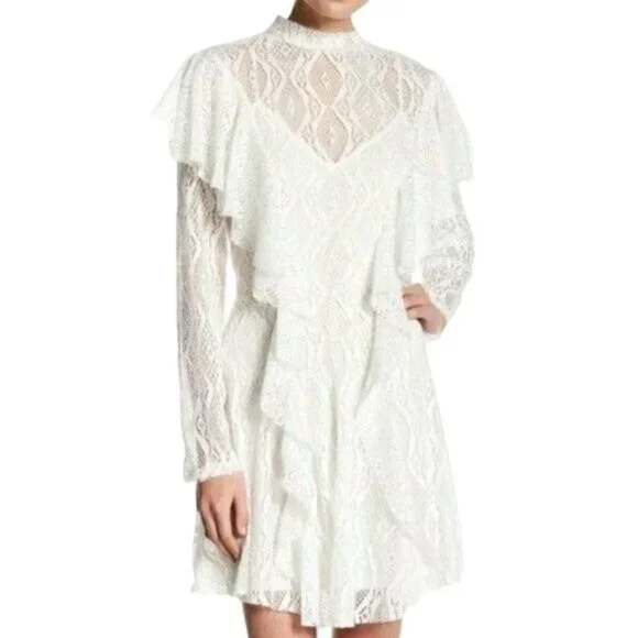 NEW Free People Creamy White Lace Rock Candy Mock Neck Dress M Ruffles Mini - Picture 2 of 12